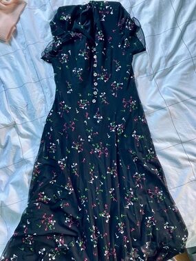 Black Floral Midi Dress with Pink & Green Accents